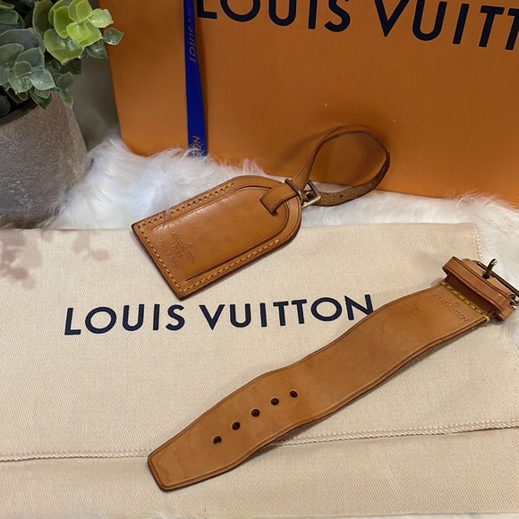 Authentic Louis Vuitton Luggage Tags and Belts — Patina Leather Luggage Tags - Picture 1 of 14